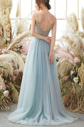 Light Blue Tulle A-line V-neck Spaghetti Straps Beaded Long Prom Dresses